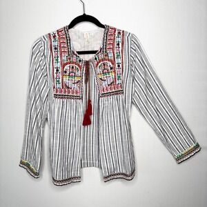 Raga Boho Embroidered Striped Tie Front Tassel Cardigan Womens Size M